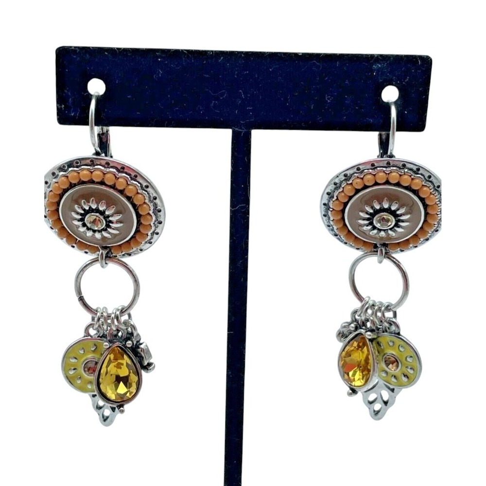 Tribal Celestial Charms Style Silver Tone Amber Dangle Drop Pierced Earrings - Picture 9 of 16